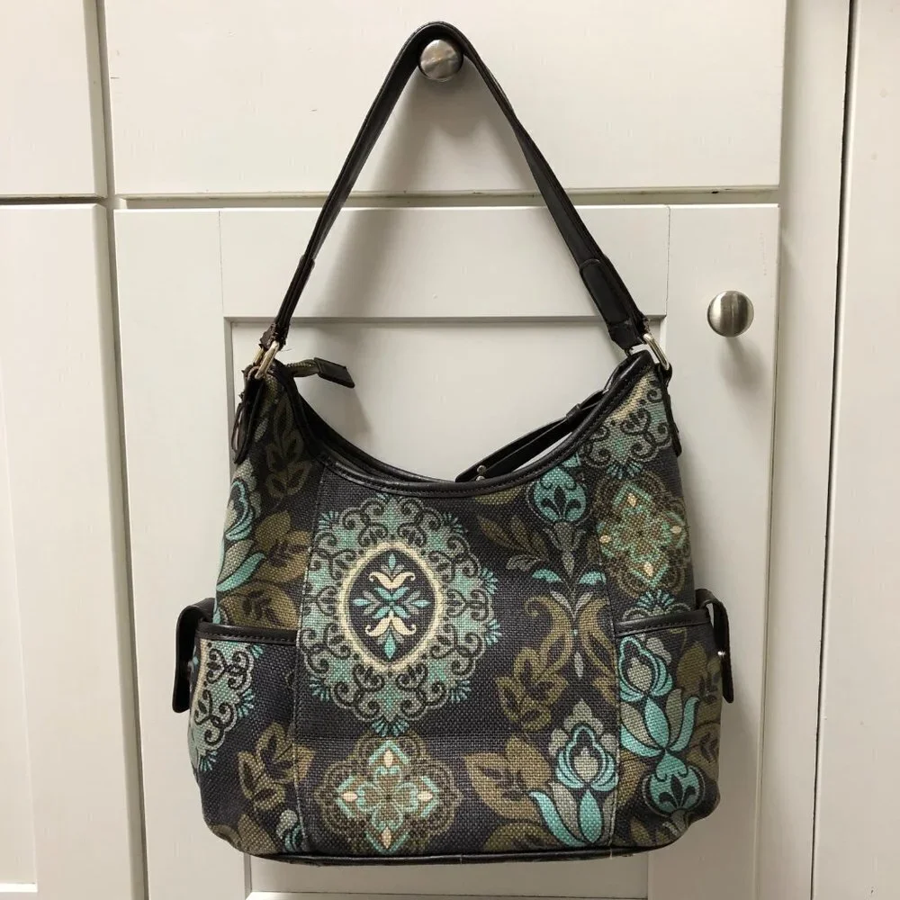 Spartina 449 Aqua Teal Paisley Tote Shoulder Bag Purse Linen Leather Handbag